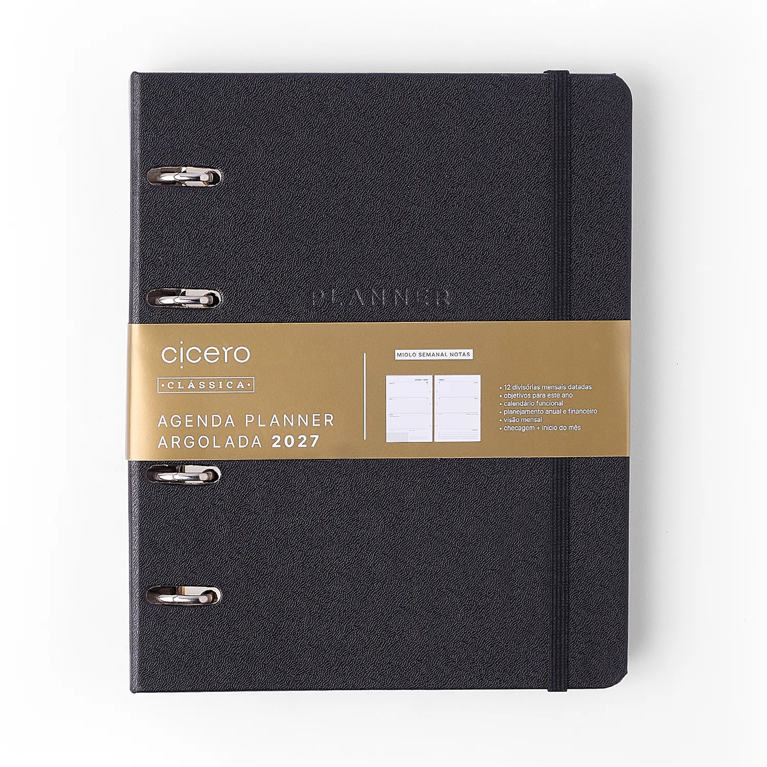Agenda Planner Argolado 2027 Clássica Semanal Notas A5 Preta