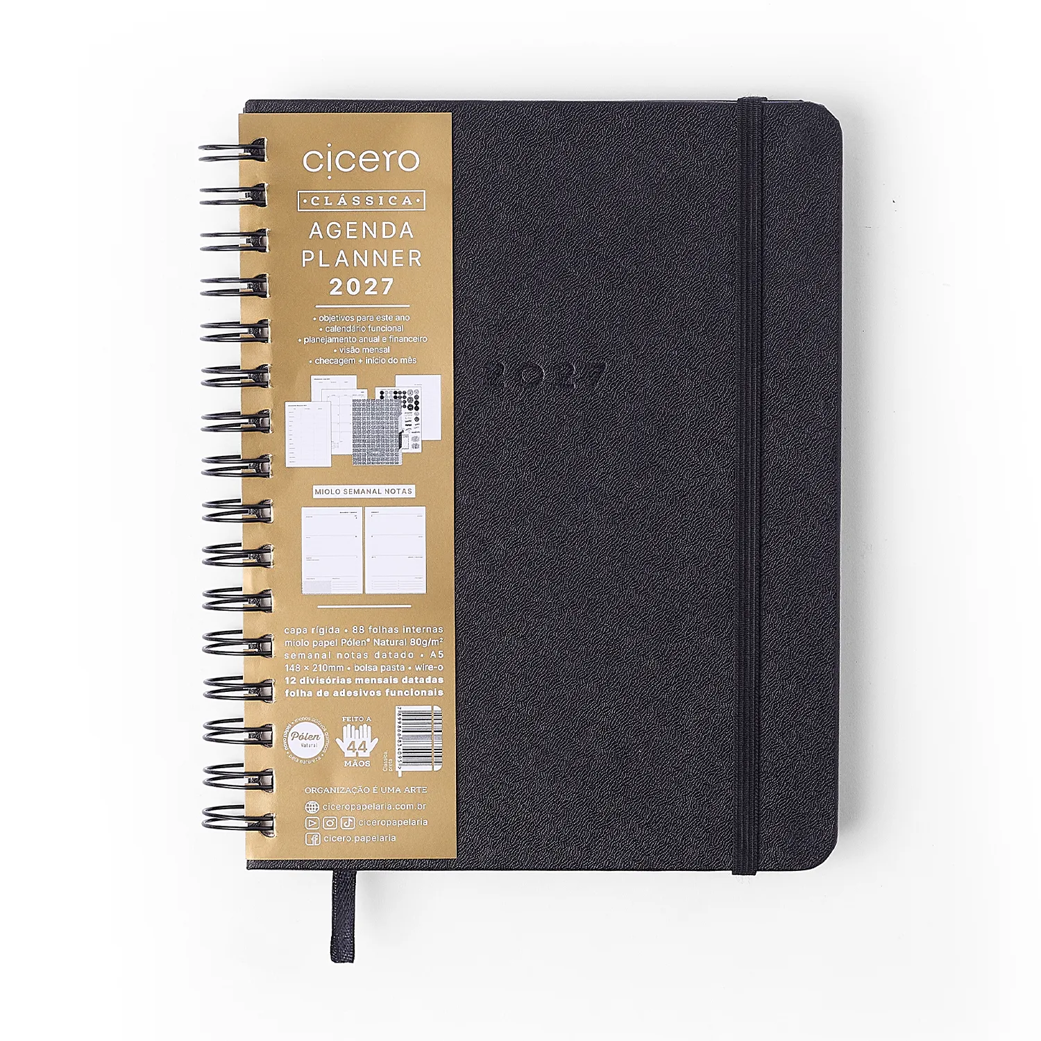 Agenda Planner Wire-o 2027 Clássica Semanal Notas c/ Divisórias A5 Preta