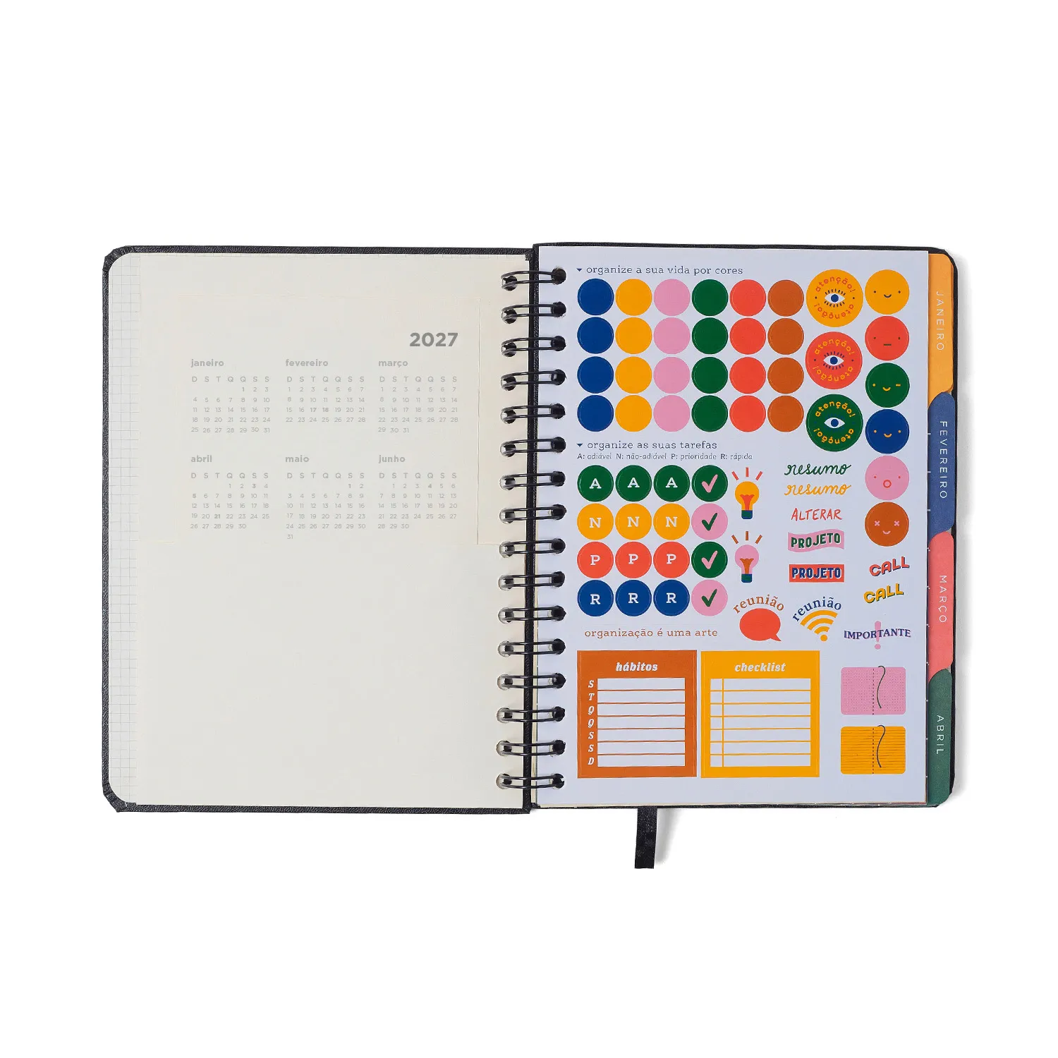 Agenda Planner Wire-o 2027 Clássica Semanal Notas c/ Divisórias A5 Preta