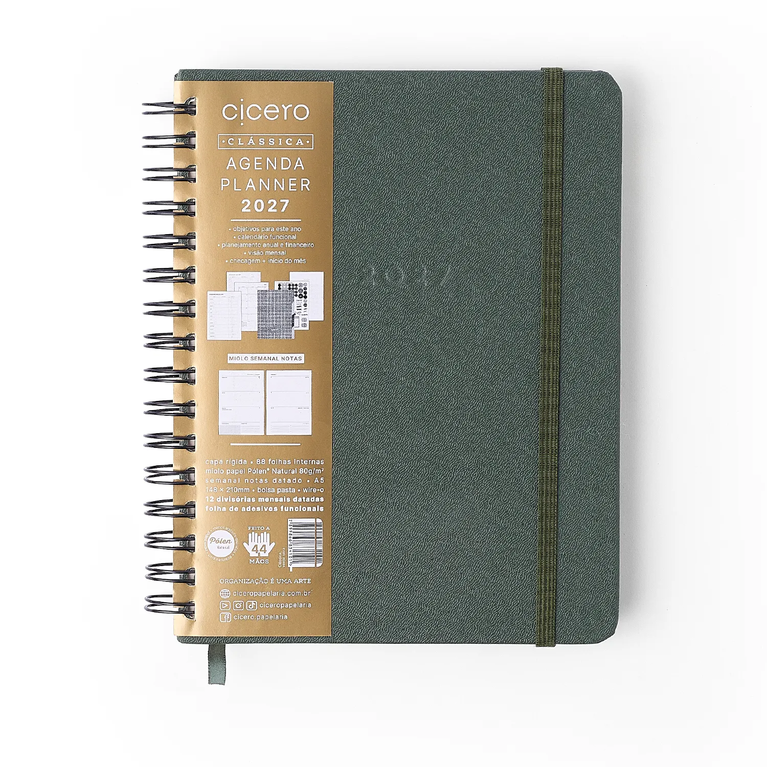 Agenda Planner Wire-o 2027 Clássica Semanal Notas c/ Divisórias A5 Verde Oliva