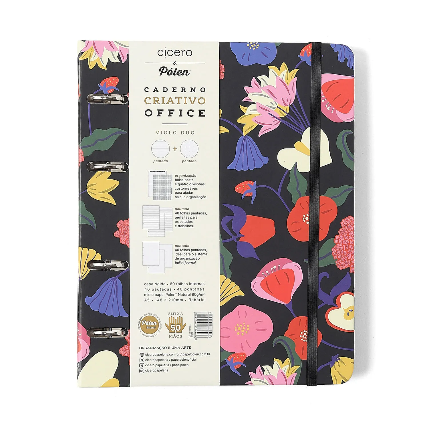 Caderno Criativo Argolado Office Duo Doce Florada Pautado & Pontado A5 Preto