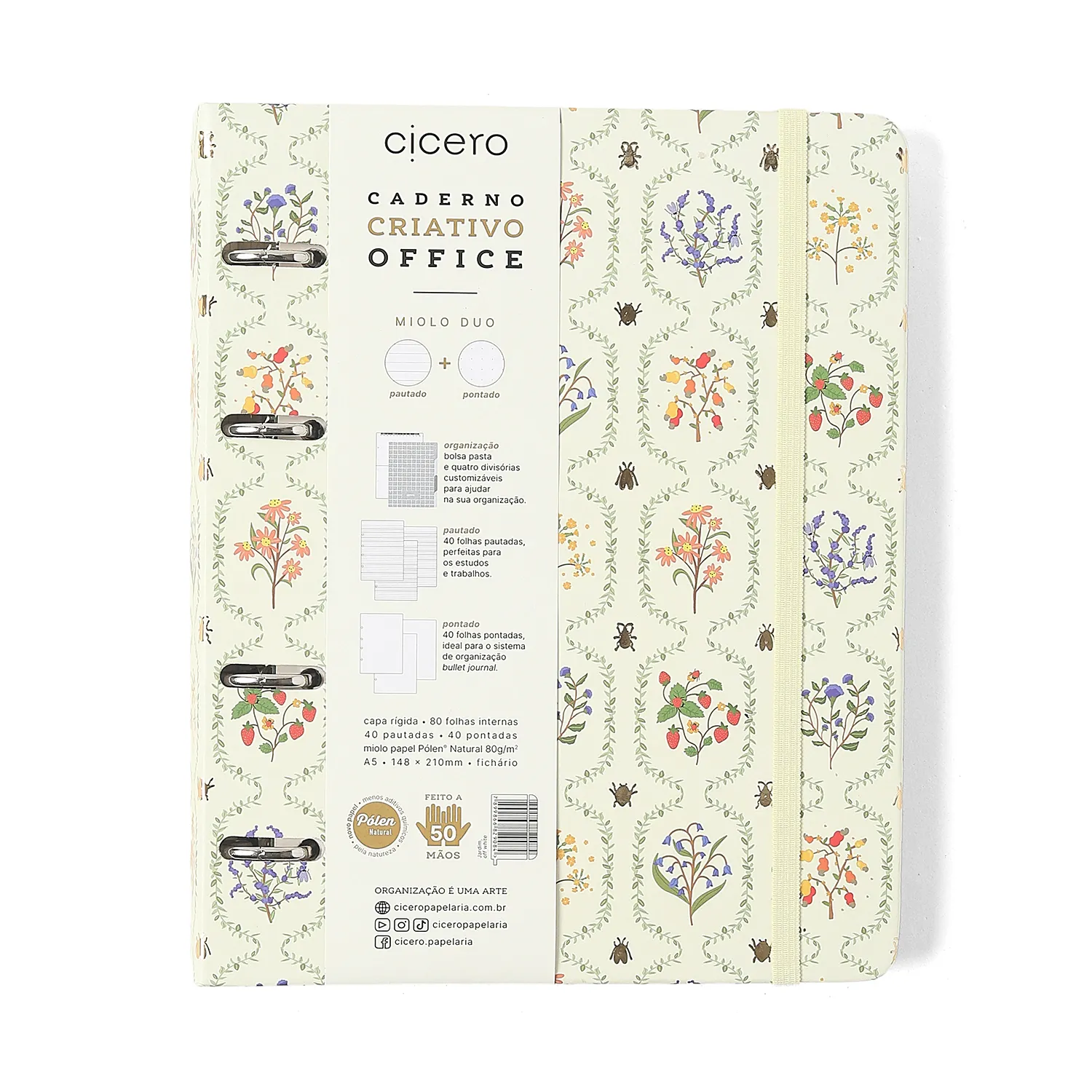 Caderno Criativo Argolado Office Duo Jardim Pautado & Pontado A5 Off White