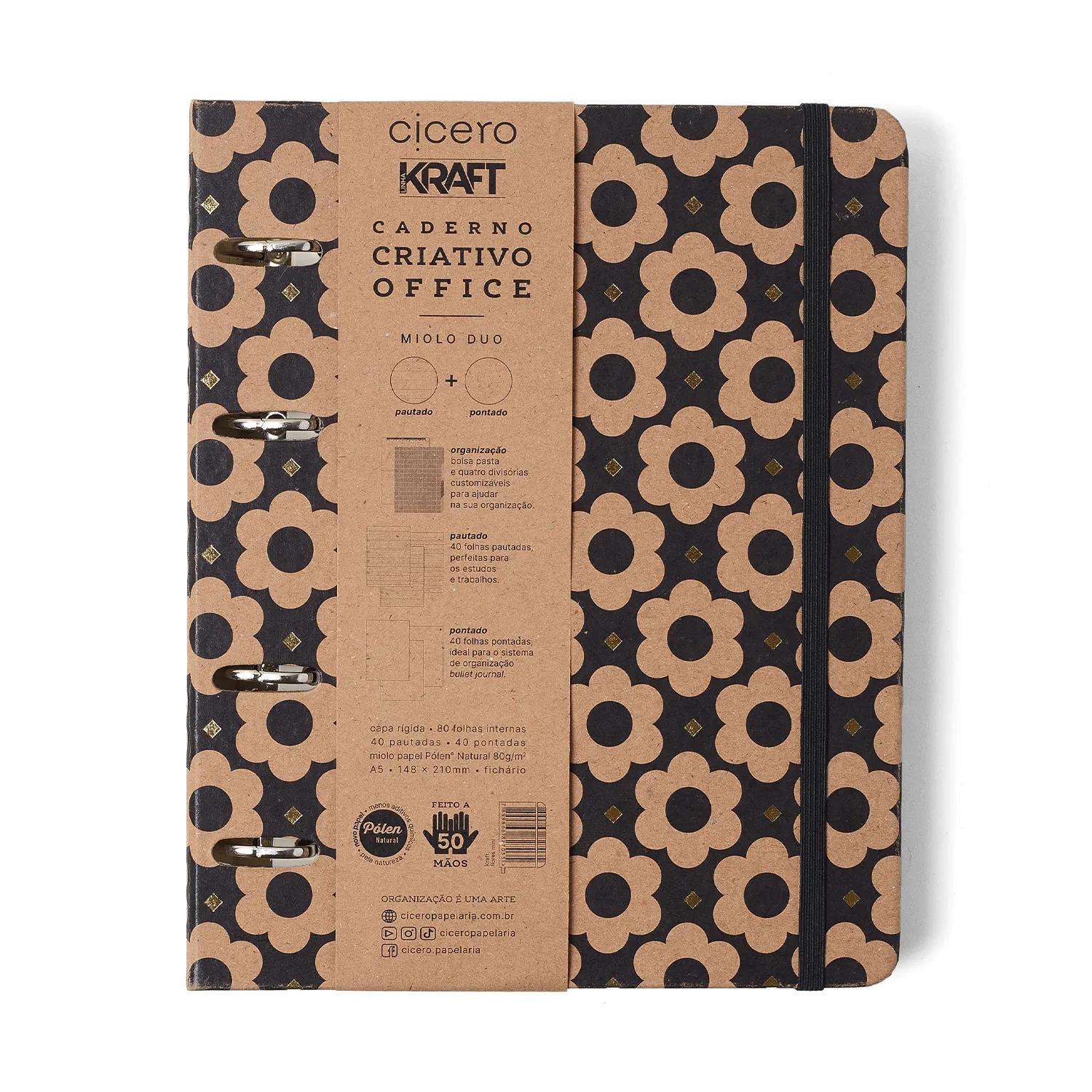 Caderno Criativo Argolado Office Duo Kraft Pautado & Pontado A5 Flores Mini