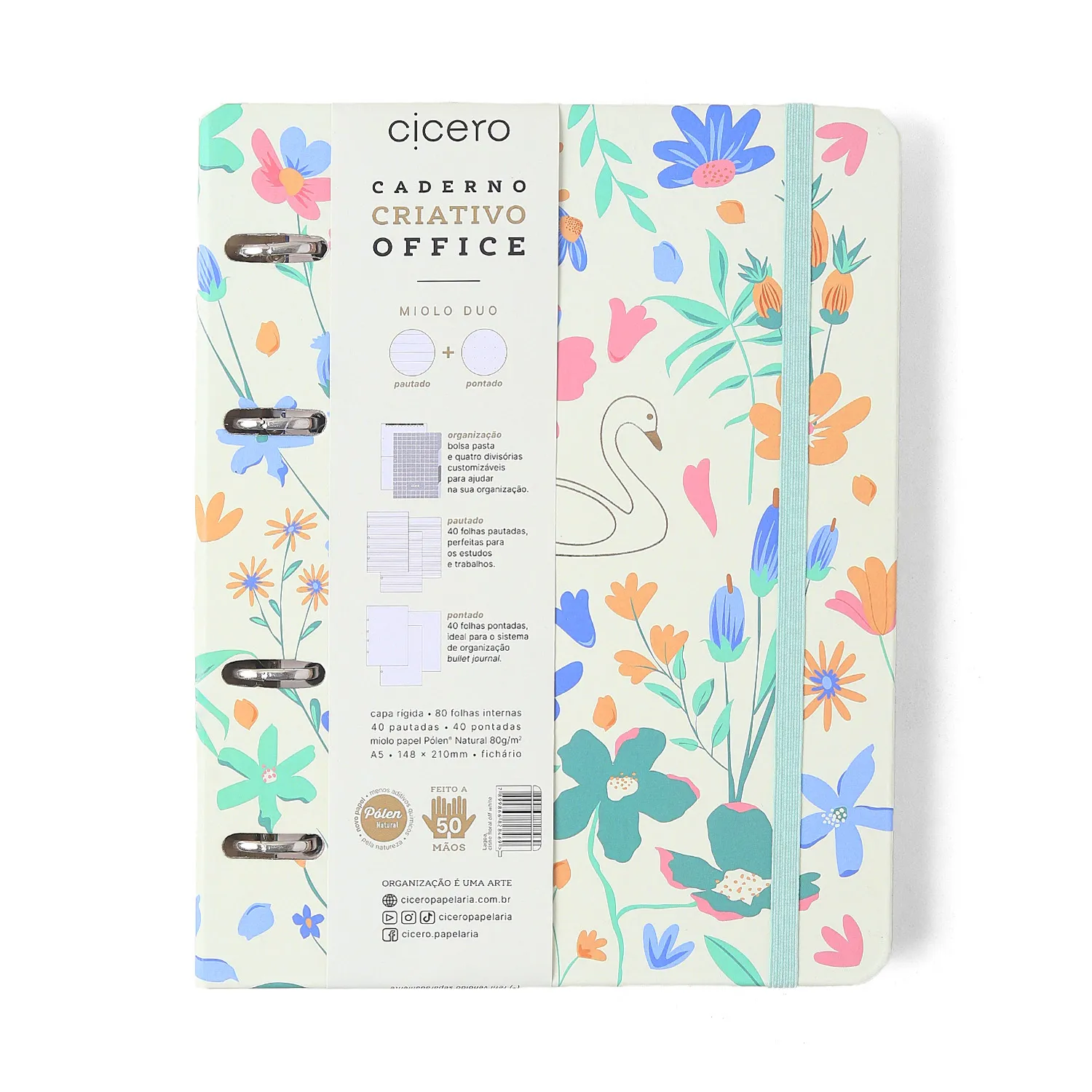 Caderno Criativo Argolado Office Duo Lagoa Pautado & Pontado A5 Cisne Floral Off White