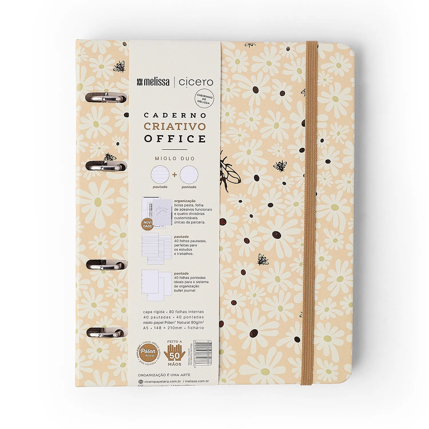 Caderno Criativo Argolado Office Duo Melissa Pautado & Pontado A5 Mini Bloomy Manteiga