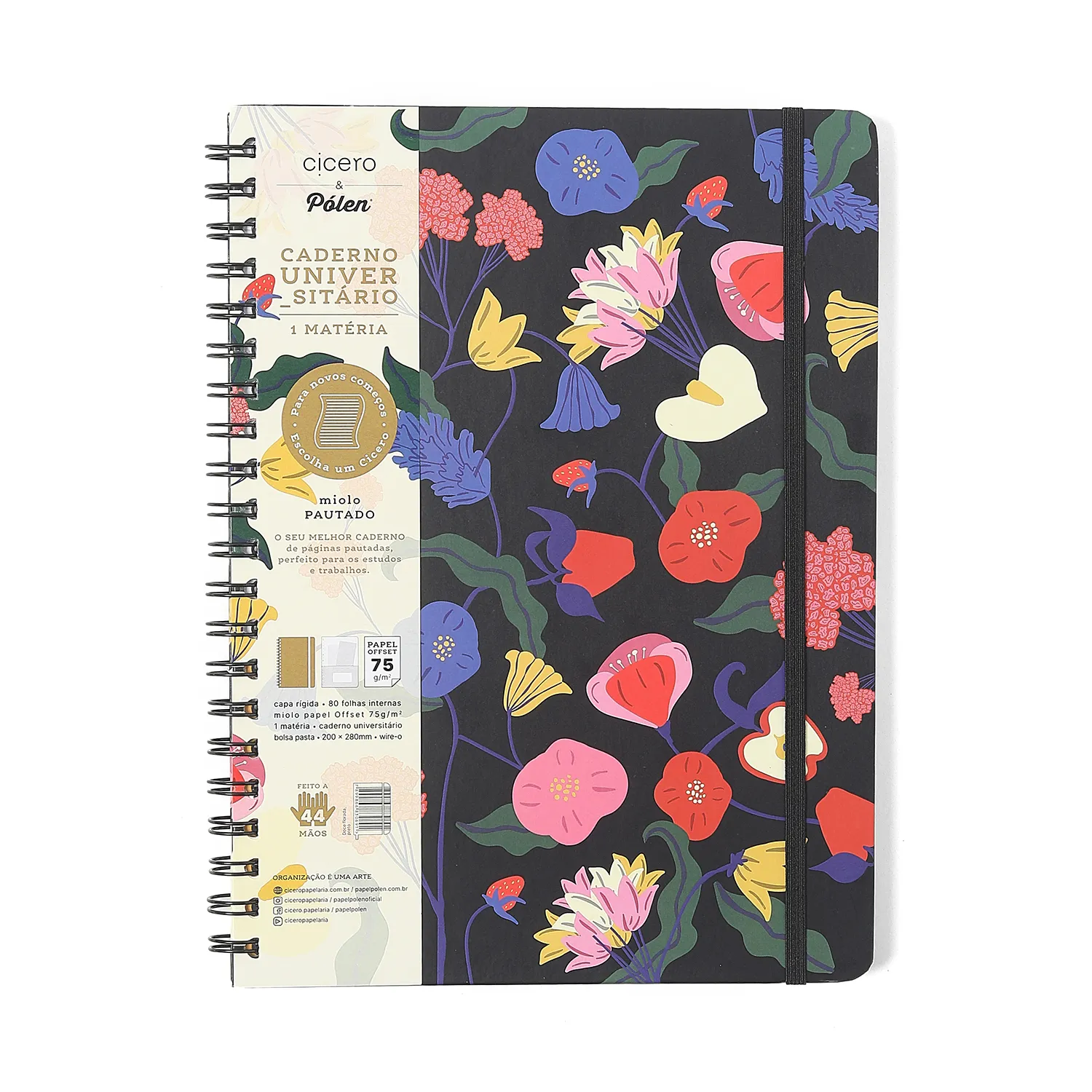 Caderno Espiral Doce Florada Pautado 20x27,5 Preto 1 Matéria 80 fls