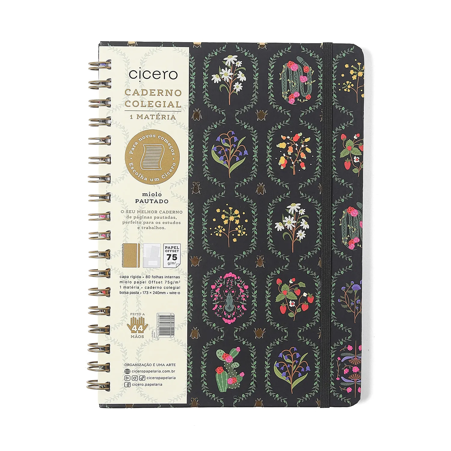 Caderno Espiral Jardim Pautado 17,3x24 Preto 1 Matéria 80 fls