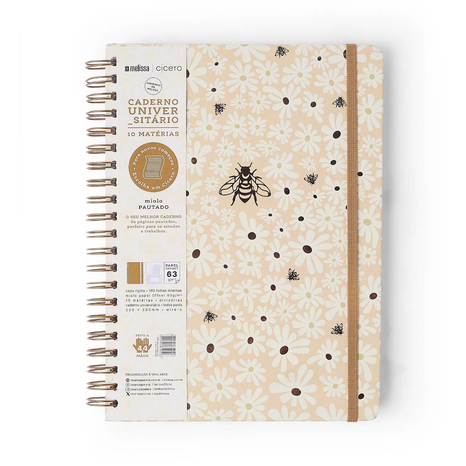Caderno Espiral Melissa Pautado 20x28 Mini Bloomy Manteiga 10 Matérias 160 fls