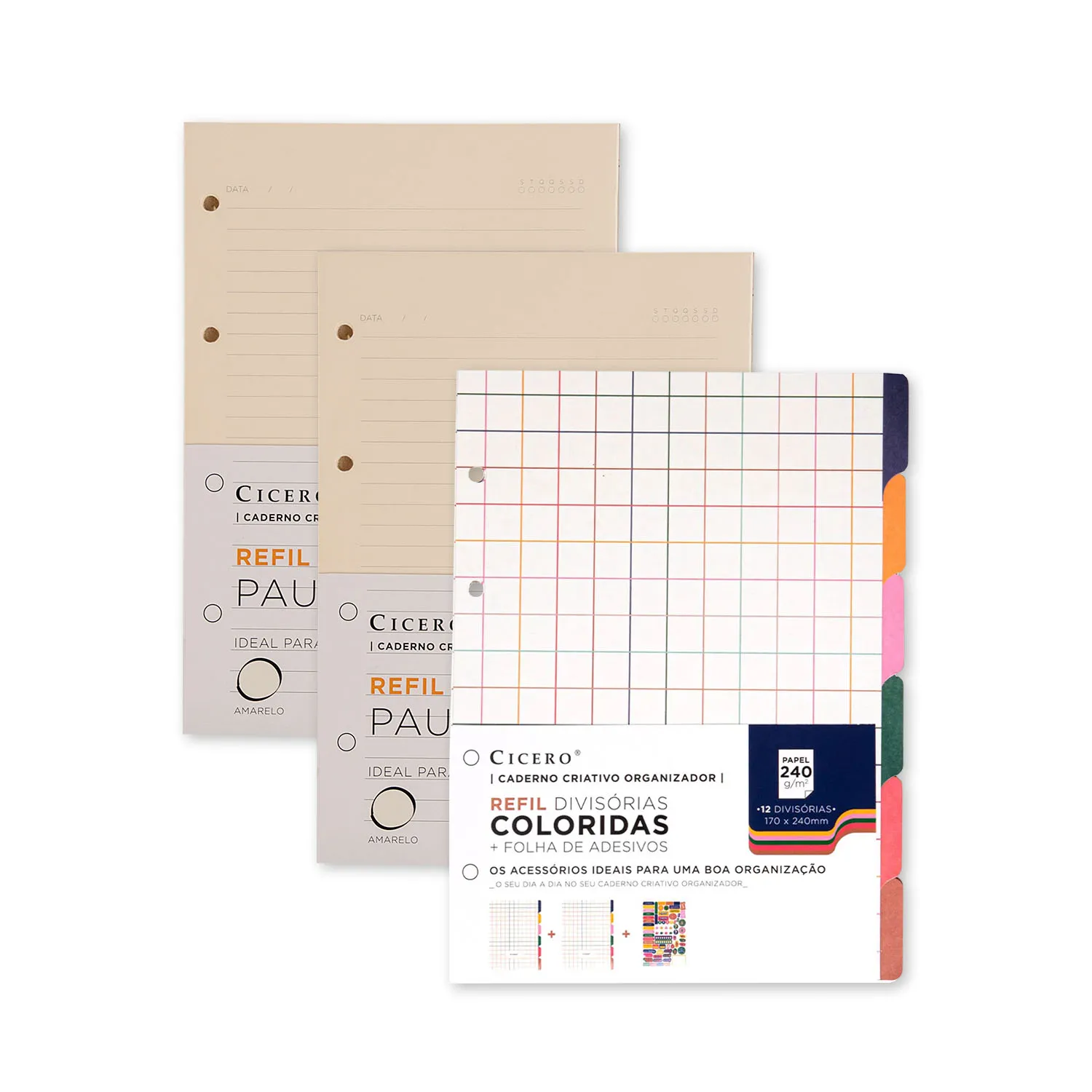 Kit 2 Refis pautados + Divisórias c/ Folha de Adesivos Caderno Criativo Argolado 17x24 Colorida