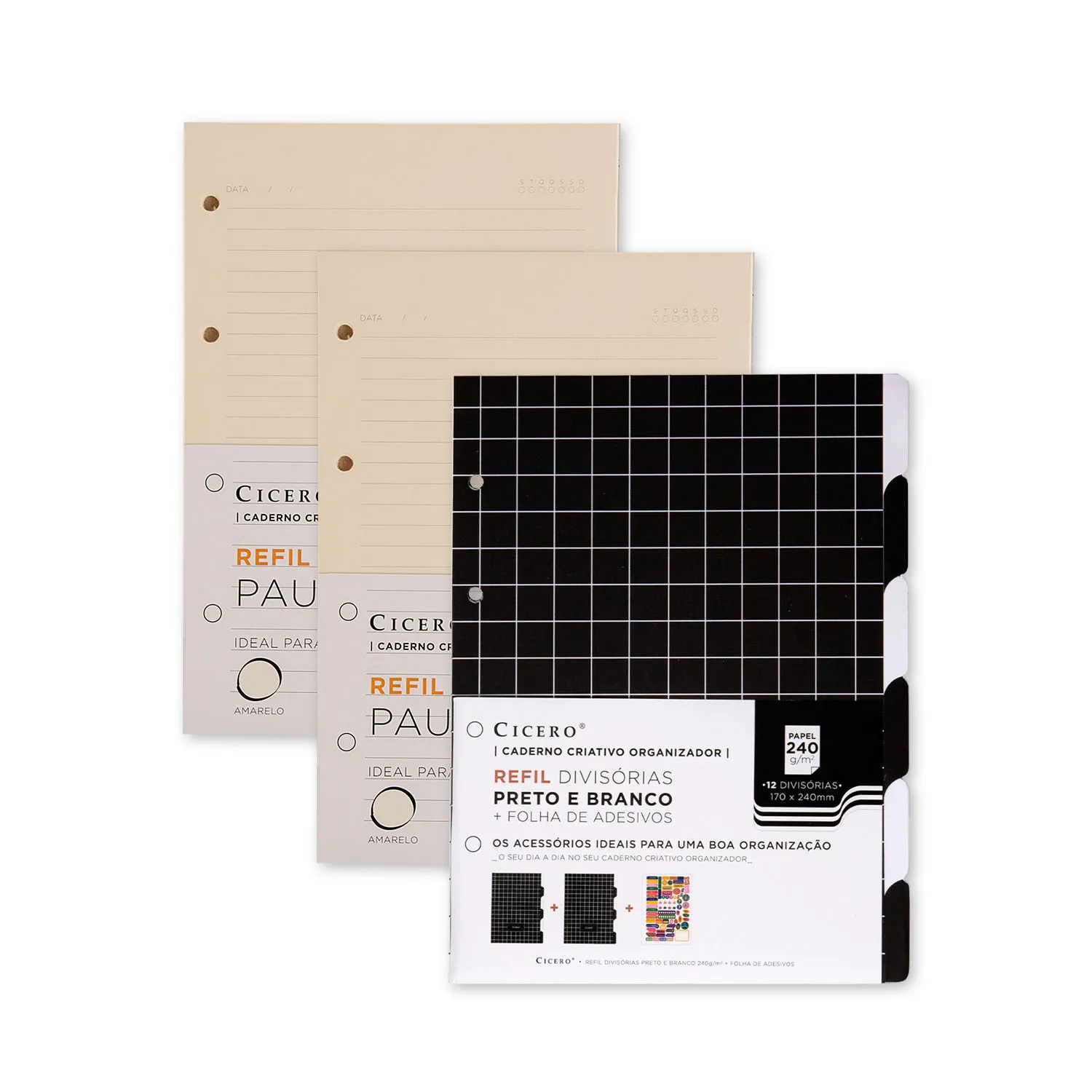 Kit 2 Refis pautados + Divisórias c/ Folha de Adesivos Caderno Criativo Argolado 17x24 P&B
