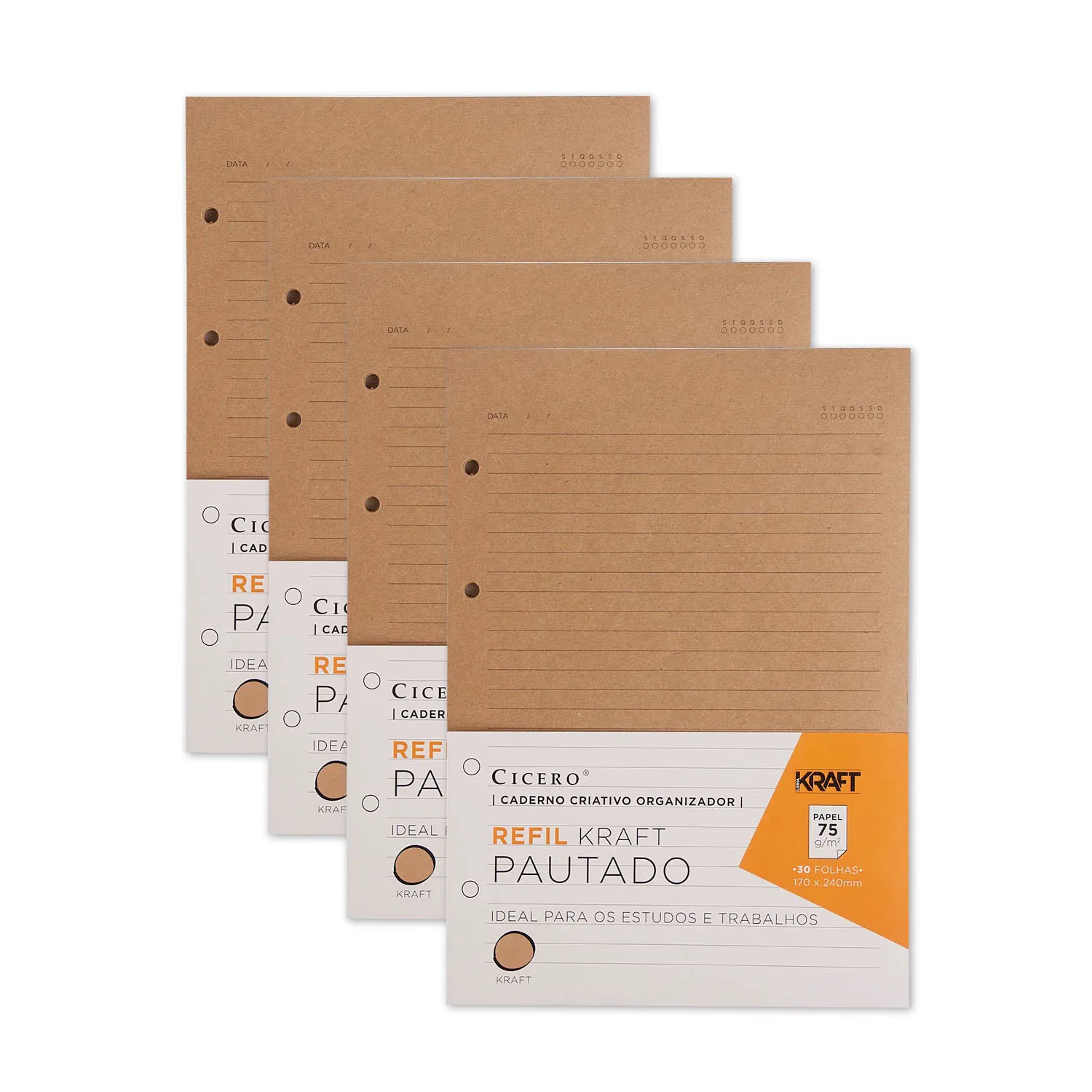 Kit de 4 Refis Caderno Argolado 30FLS Kraft 75g Pautado 17x24
