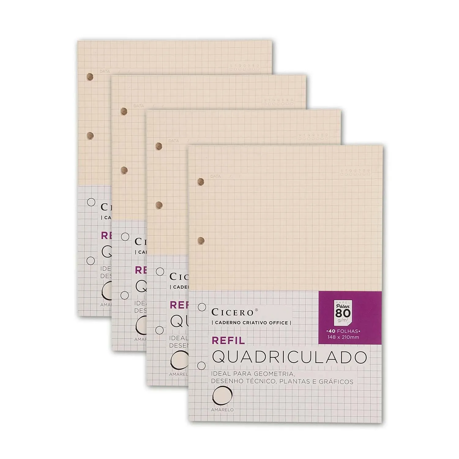 Kit de 4 Refis Quadriculado A5 Caderno Argolado Office Pólen 80g