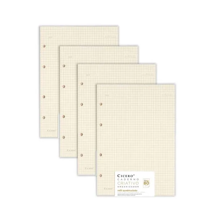 Kit de 4 Refis Quadriculado Caderno Argolado Polen 17x24