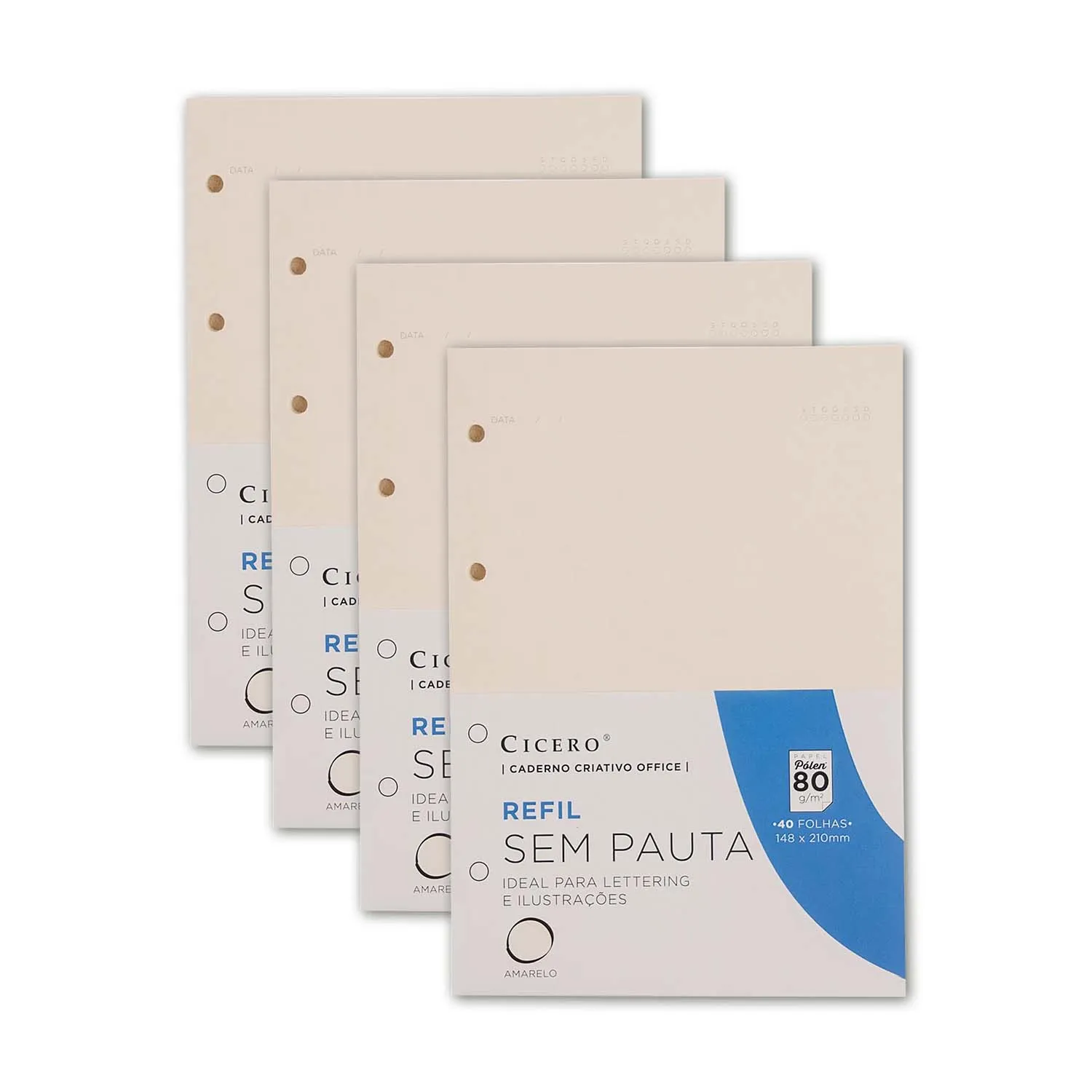 Kit de 4 Refis Sem Pauta A5 Caderno Argolado Office Pólen 80g