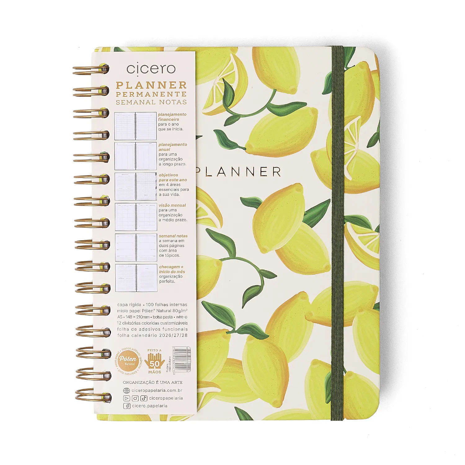 Planner Permanente Wire-O Frutare Semanal Notas A5 Limão Siciliano