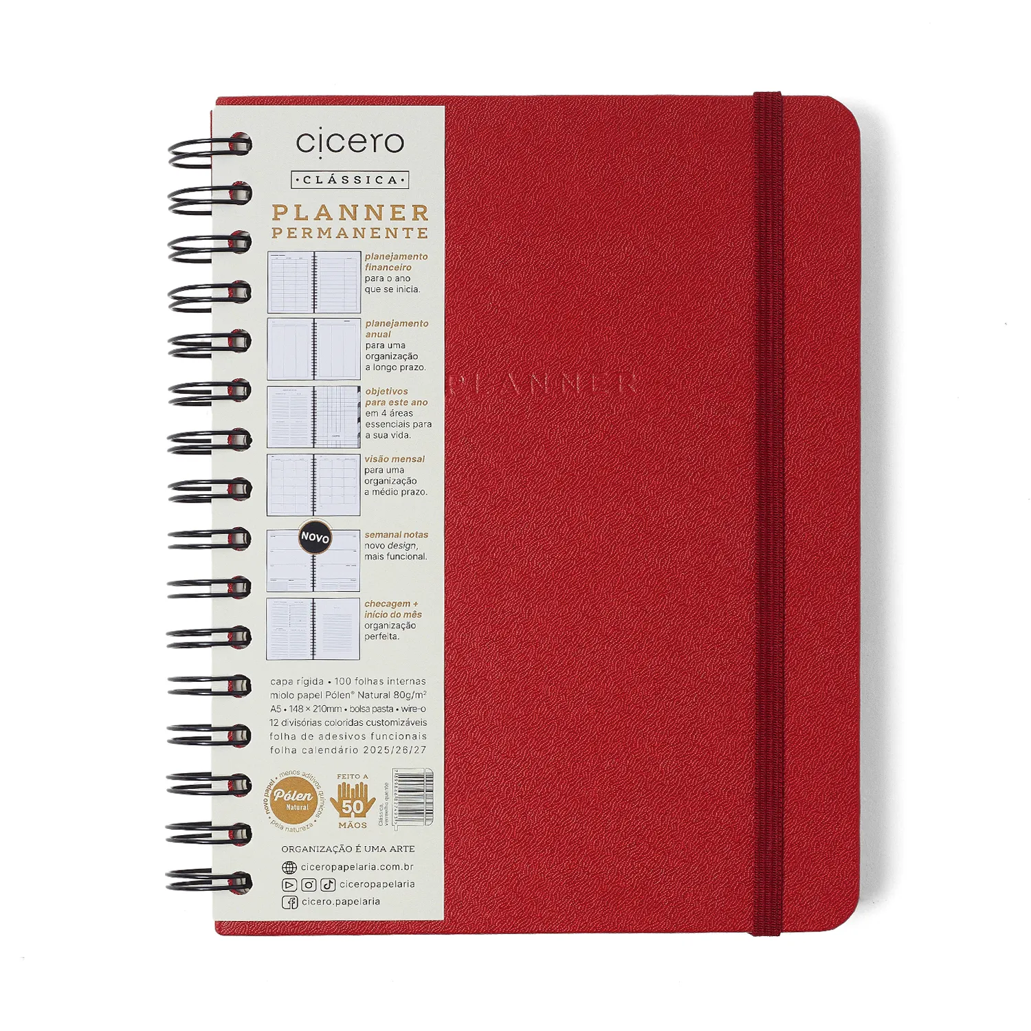 Planner Permanente Wire-o Clássica Semanal Notas A5 Vermelho Quente
