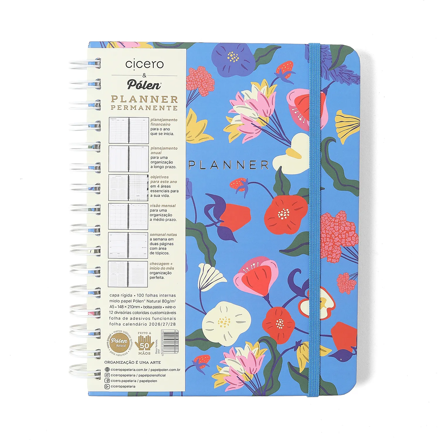 Planner Permanente Wire-o Doce Florada Semanal Notas A5 Azul
