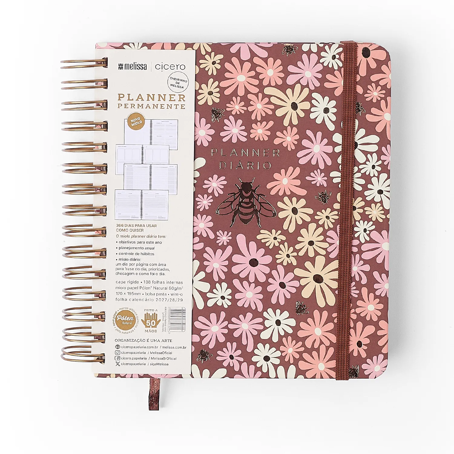 Planner Permanente Wire-o Melissa Diário 17x19,5 Mini Bloomy Chocolate