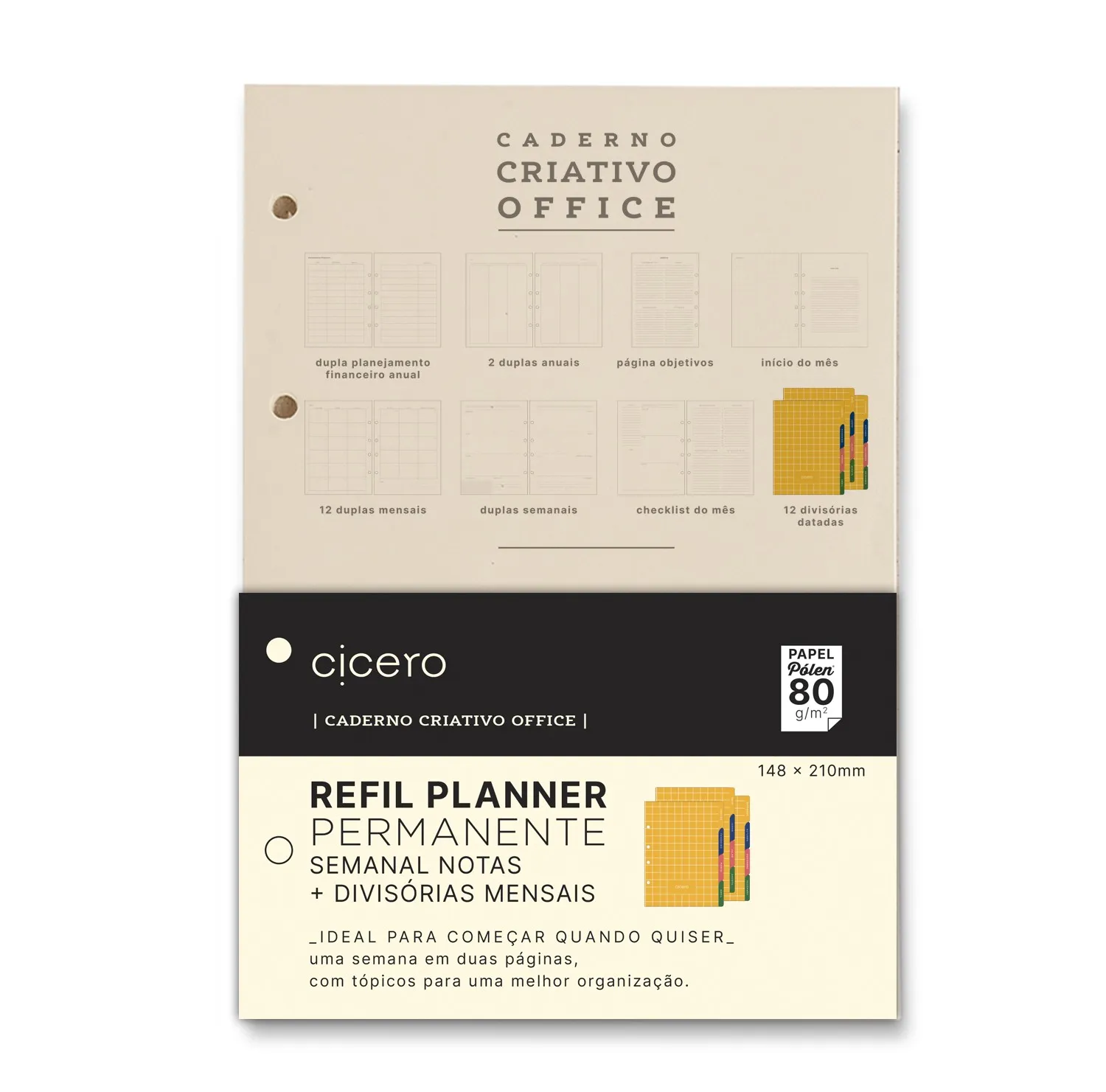 Refil Caderno Criativo Argolado 99 Fls Pólen 80G Planner Permanente Semanal Notas A5 C/ Divisórias